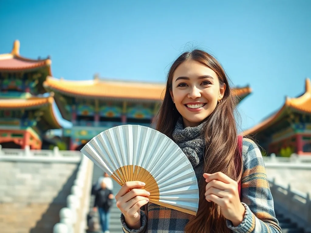 Uśmiechnięta turystka z tradycyjnym wachlarzem na tle zabytkowego pałacu Gyeongbokgung w Seulu.