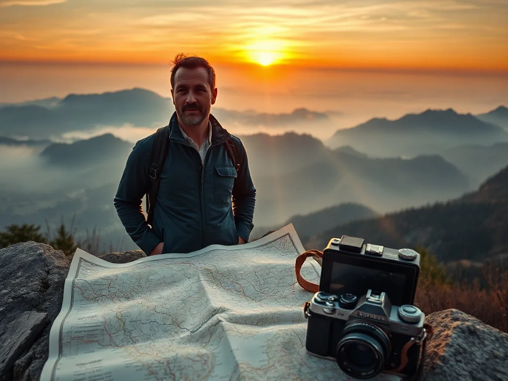 Para turystów podziwiająca panoramę gór o wschodzie słońca, z mapą i aparatem na pierwszym planie.
