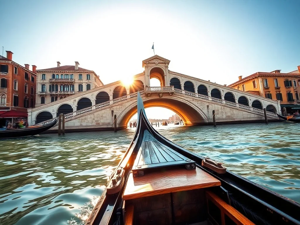 Most Rialto w Wenecji o zachodzie słońca z tradycyjną gondolą na kanale w tle zabytkowej architektury.