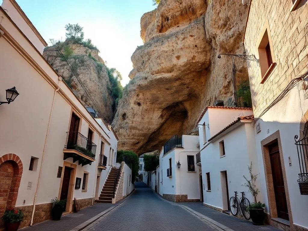 Wąska uliczka w Setenil de las Bodegas z białymi domami wciśniętymi pod potężną, naturalną formację skalną.
