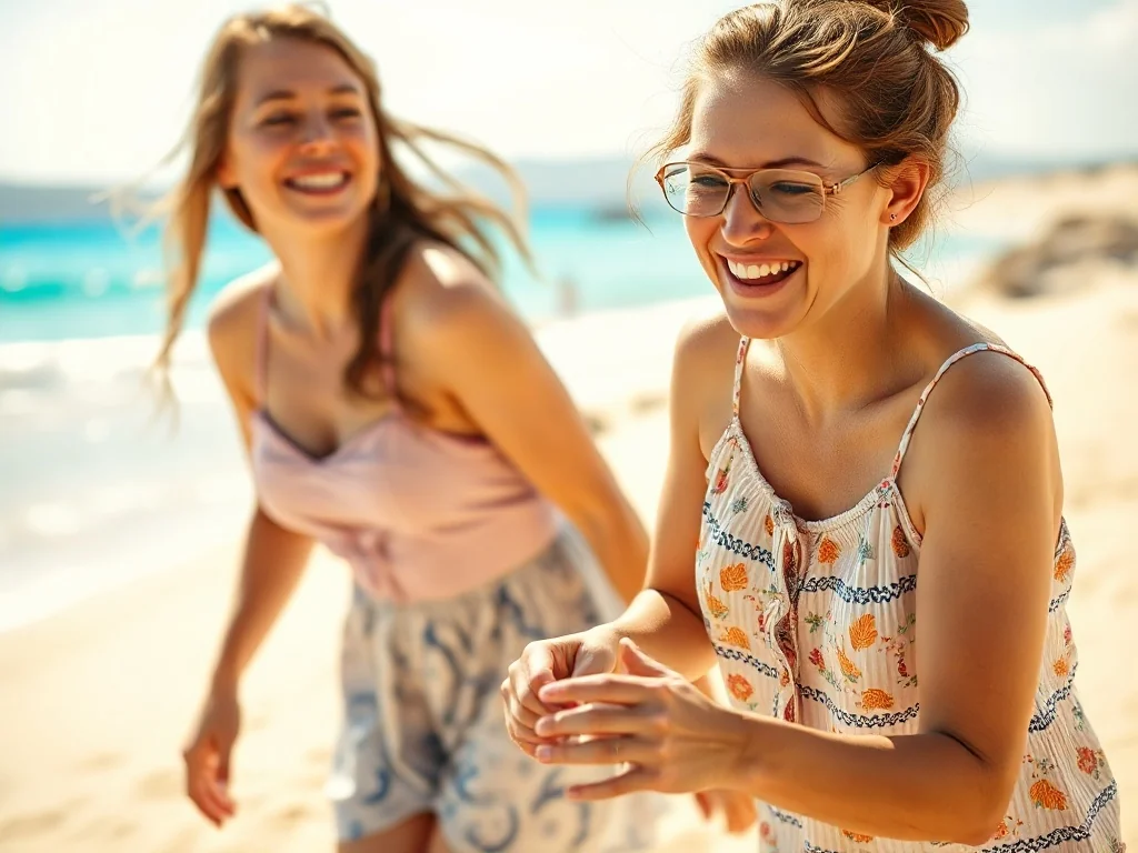 Szczęśliwa rodzina bawiąca się na piaszczystej plaży nad turkusowym morzem w słoneczny dzień.
