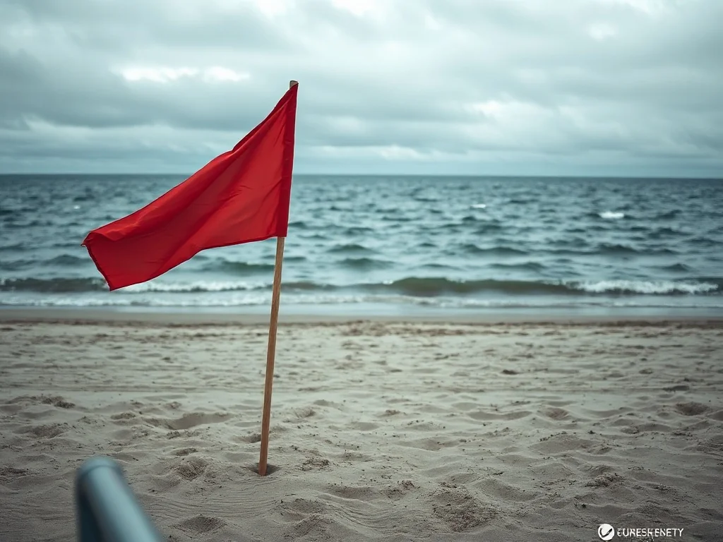 Czerwona flaga powiewająca na plaży nad Bałtykiem, sygnalizująca zakaz kąpieli w morzu.