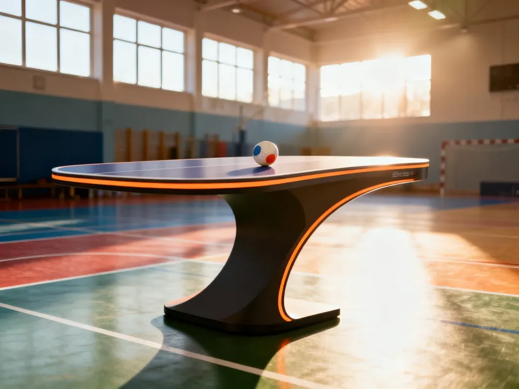 Profesjonalny, zakrzywiony stół do teqballa z piłką, ustawiony w słonecznej hali sportowej.