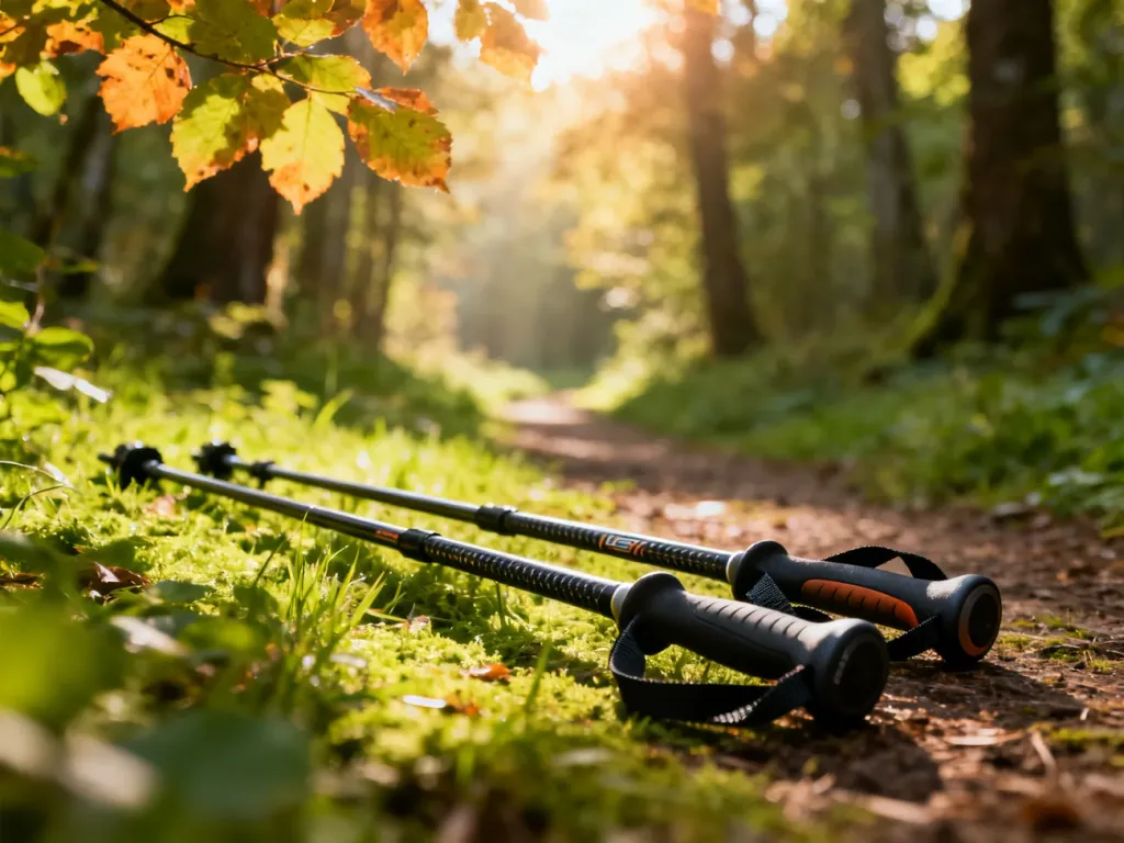 Profesjonalne kije do nordic walking z włókna węglowego leżące na leśnej ścieżce w promieniach porannego słońca.