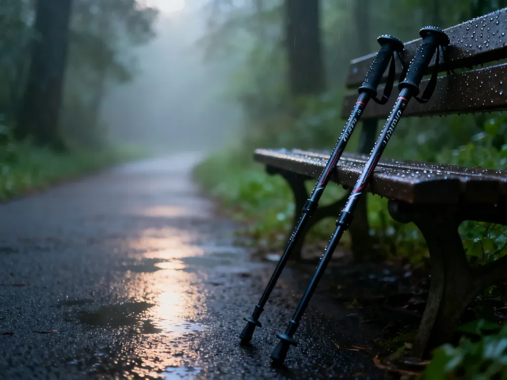 Kije do nordic walking oparte o ławkę w deszczowy dzień na tle zamglonego parku.