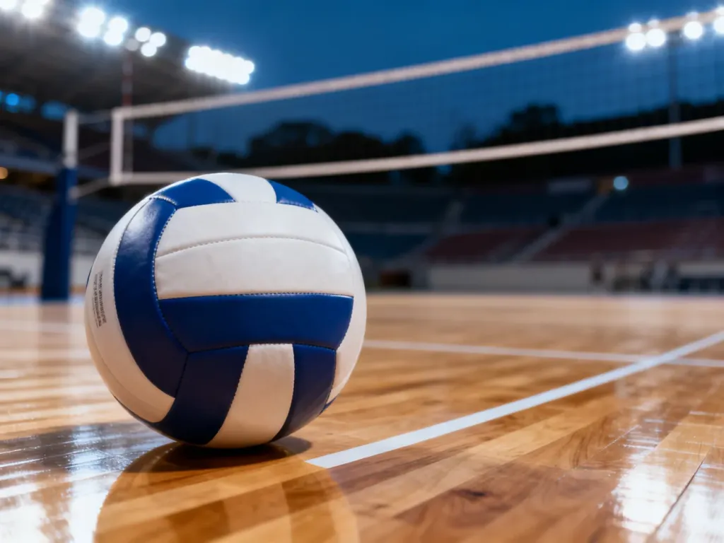 Profesjonalna piłka do siatkówki spoczywająca na drewnianym parkiecie hali sportowej z widoczną w tle siatką.