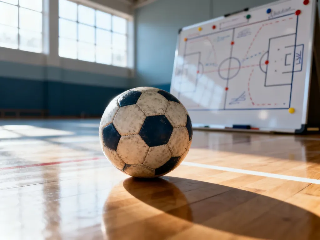 Piłka do piłki ręcznej na parkiecie hali sportowej z rozmytą tablicą taktyczną z ustawieniami obronnymi w tle.