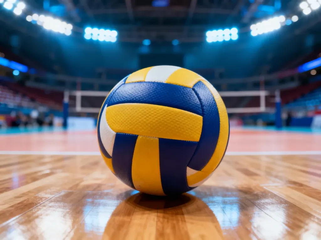 Piłka do siatkówki leżąca na środku parkietu w pustej hali sportowej przed rozpoczęciem meczu.