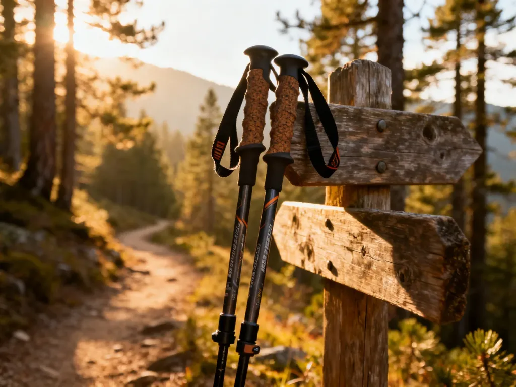 Kije trekkingowe oparte o drewniany drogowskaz na górskim szlaku w otoczeniu słonecznego lasu.