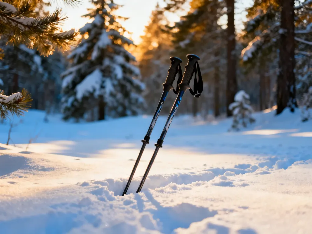 Profesjonalne kije do nordic walking wbite w głęboki śnieg w zimowym lesie, gotowe do treningu w słoneczny dzień.