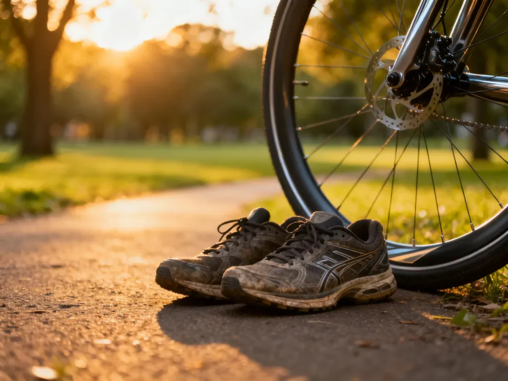 Sportowe buty obok koła roweru na parkowej ścieżce w świetle zachodzącego słońca, symbolizujące wybór między biegiem a jazdą.