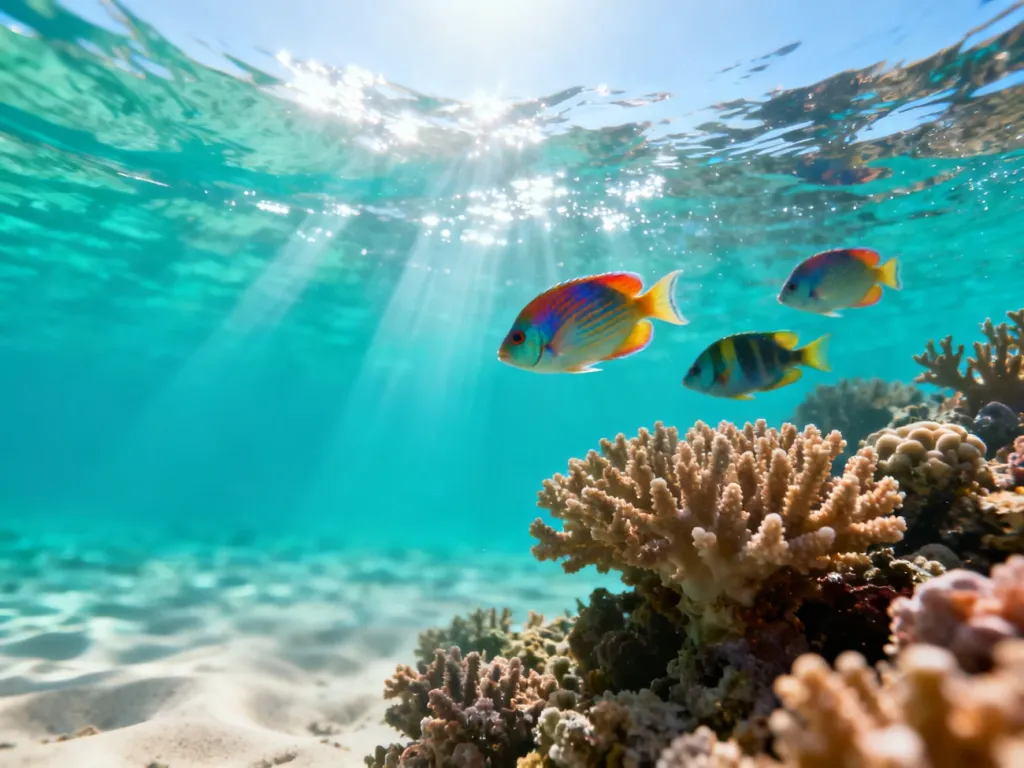 Krystalicznie czysta woda z kolorową rafą koralową i egzotycznymi rybami, zachęcająca do rozpoczęcia przygody ze snorkelingiem.