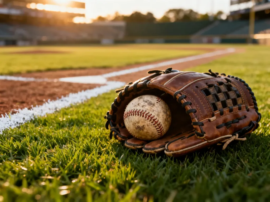 Profesjonalna rękawica baseballowa i piłka leżące na murawie boiska w świetle zachodzącego słońca.