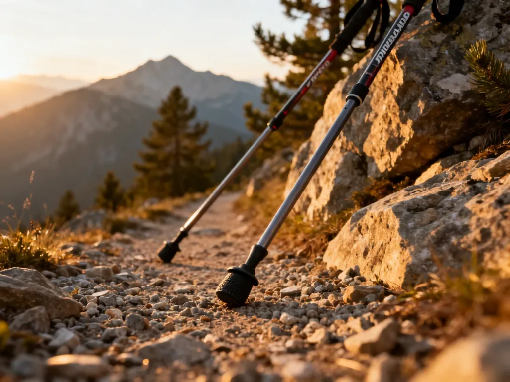 Kije do nordic walking oparte o kamienisty szlak górski, gotowe do bezpiecznego zejścia w dół.