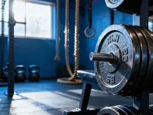 Mata do ćwiczeń, buty sportowe i bidon na drewnianej podłodze w słonecznym studiu fitness, przygotowane do treningu deski.