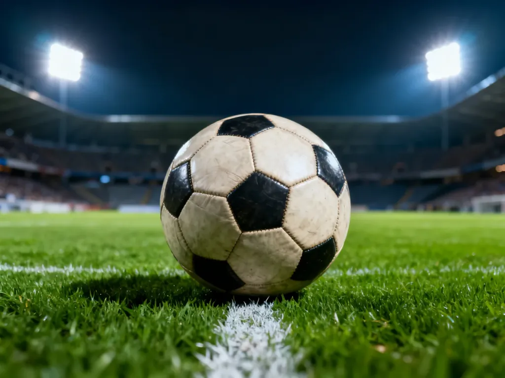 Skórzana piłka na środku boiska przy oświetlonych trybunach stadionu podczas wieczornego meczu.