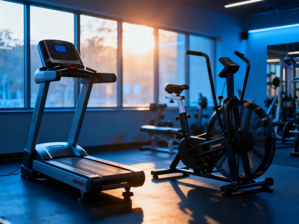 Nowoczesna siłownia z orbitrekiem i rowerem powietrznym, prezentująca sprzęty do treningu cardio w profesjonalnym wnętrzu.