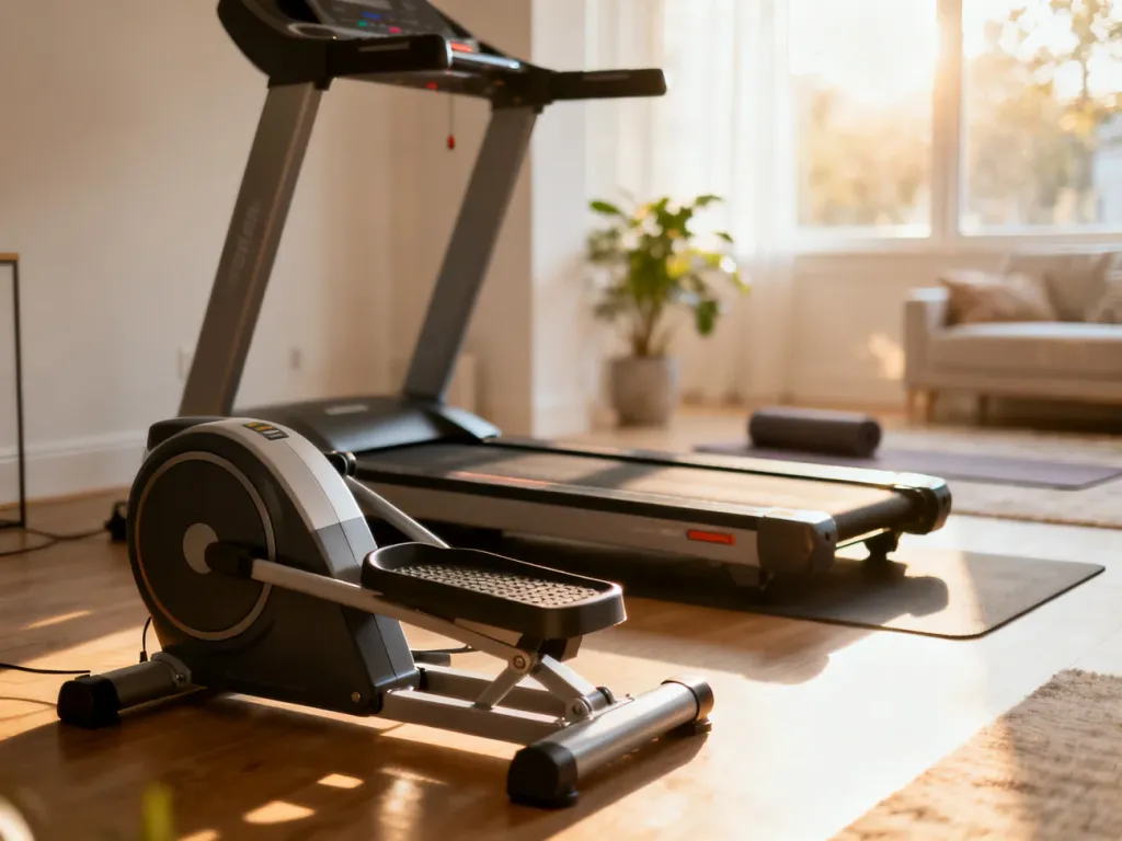 Nowoczesny stepper i bieżnia ustawione w domowej strefie fitness, zachęcające do treningu w przytulnym wnętrzu.