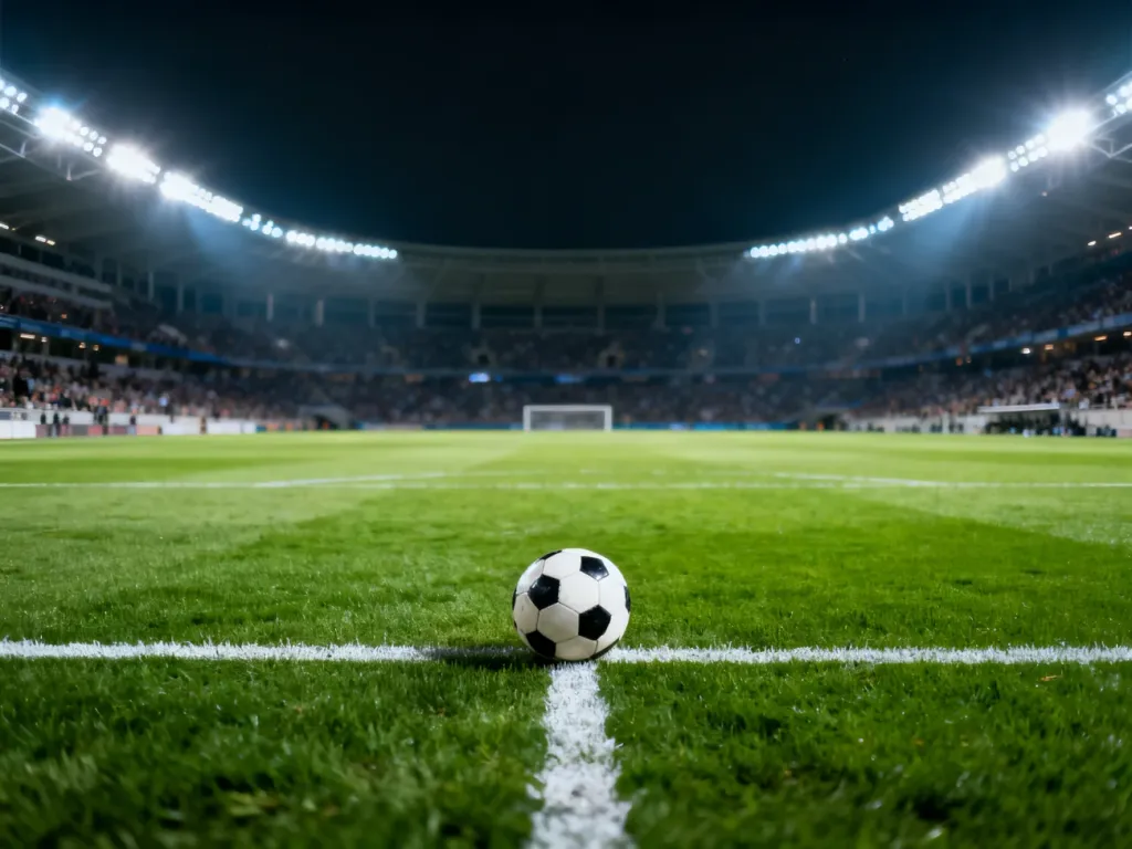 Oświetlony stadion piłkarski nocą z murawą i piłką na środku boiska, gotowy na rozpoczęcie meczu.