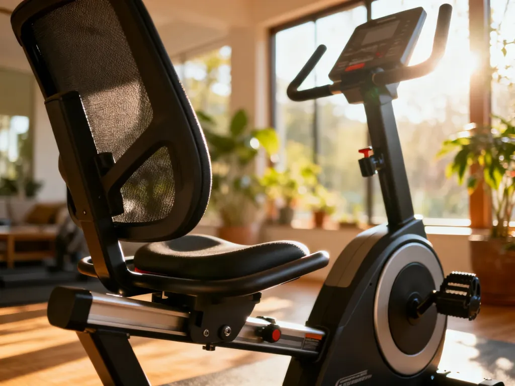 Nowoczesny rower stacjonarny poziomy z ergonomicznym siedziskiem w jasnej, słonecznej domowej siłowni.