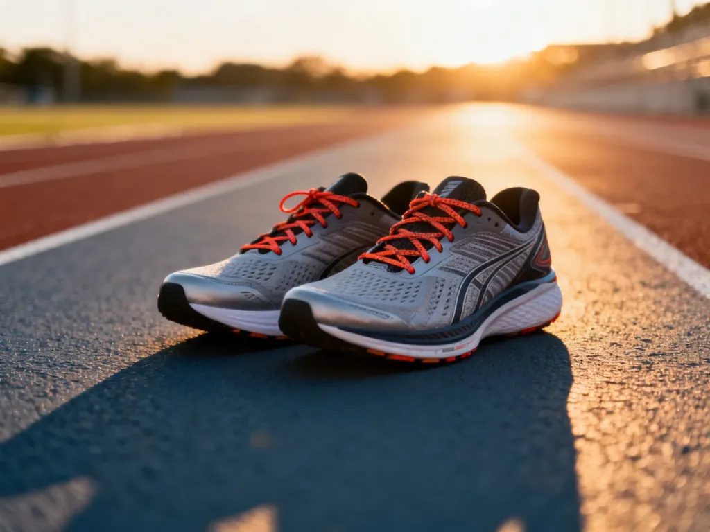 Profesjonalne buty do biegania na bieżni lekkoatletycznej w świetle wschodzącego słońca.