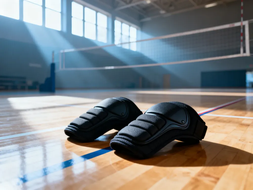 Profesjonalne czarne nakolanniki siatkarskie leżące na parkiecie hali sportowej w świetle porannych promieni słonecznych.