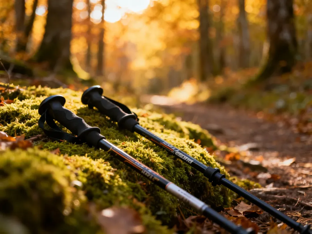 Kije do nordic walking leżące na leśnej ścieżce w jesiennej scenerii, zachęcające do aktywnego wypoczynku na świeżym powietrzu.