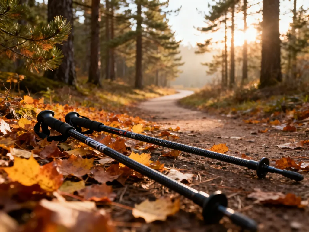 Kije do nordic walking leżące na leśnej ścieżce pokrytej jesiennymi liśćmi w promieniach porannego słońca.