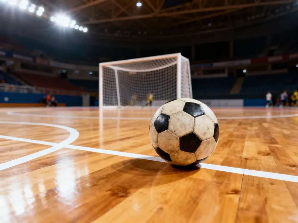 Piłka do futsalu na parkiecie hali sportowej przed bramką, gotowa do rozpoczęcia gry.