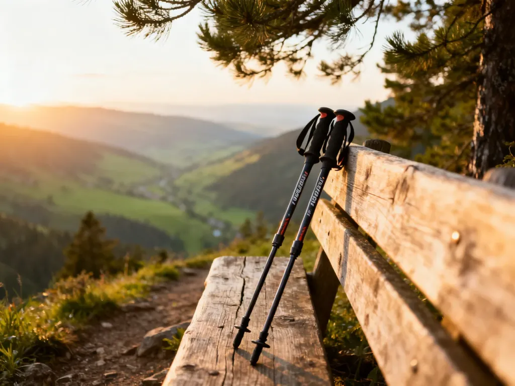 Profesjonalne kijki trekkingowe oparte o drewnianą ławkę na tle malowniczego górskiego krajobrazu o wschodzie słońca.