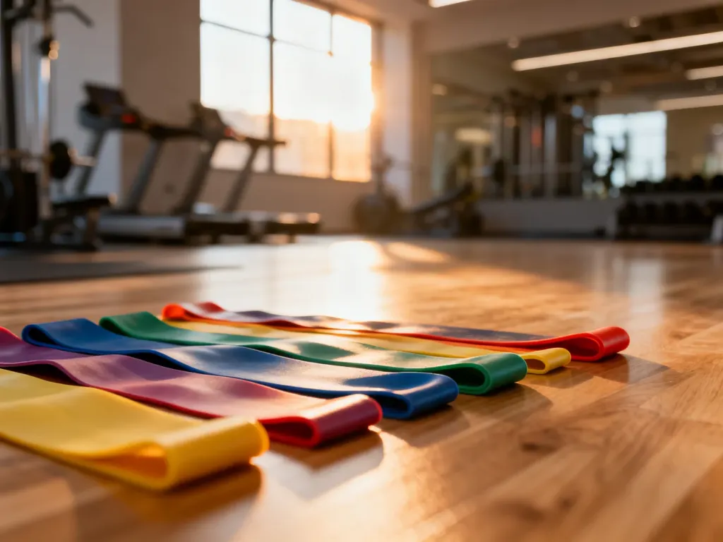 Kolorowe gumy oporowe ułożone na drewnianej podłodze w nowoczesnym studio fitness.