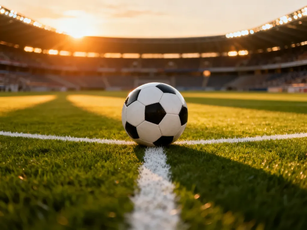 Nowoczesny stadion piłkarski z murawą i piłką w świetle zachodzącego słońca, przygotowany do rozgrywek.