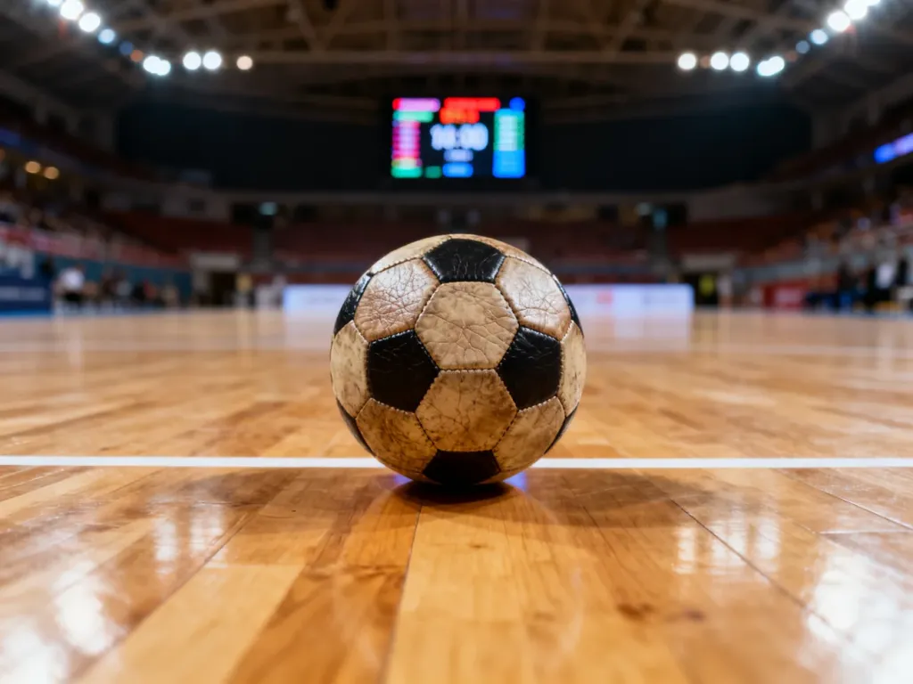 Piłka do piłki ręcznej na parkiecie hali sportowej z rozmytym zegarem meczowym w tle.