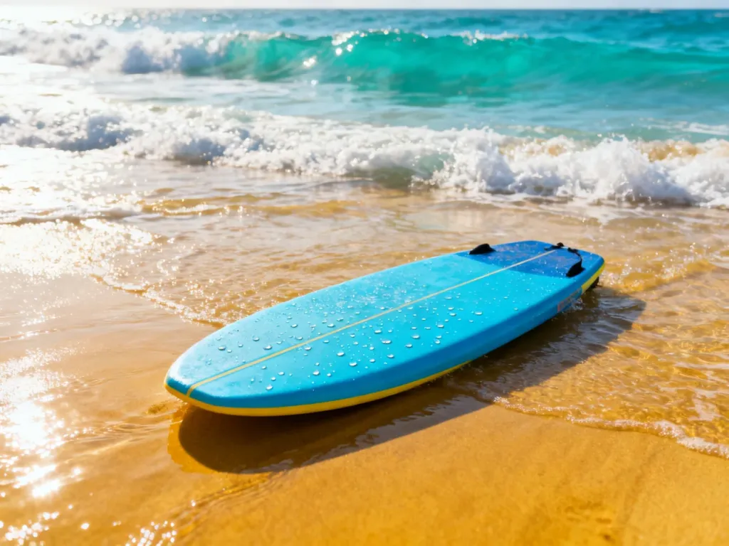 Żółto-niebieska deska bodyboard leżąca na mokrym piasku przy brzegu oceanu w słoneczny, letni poranek.