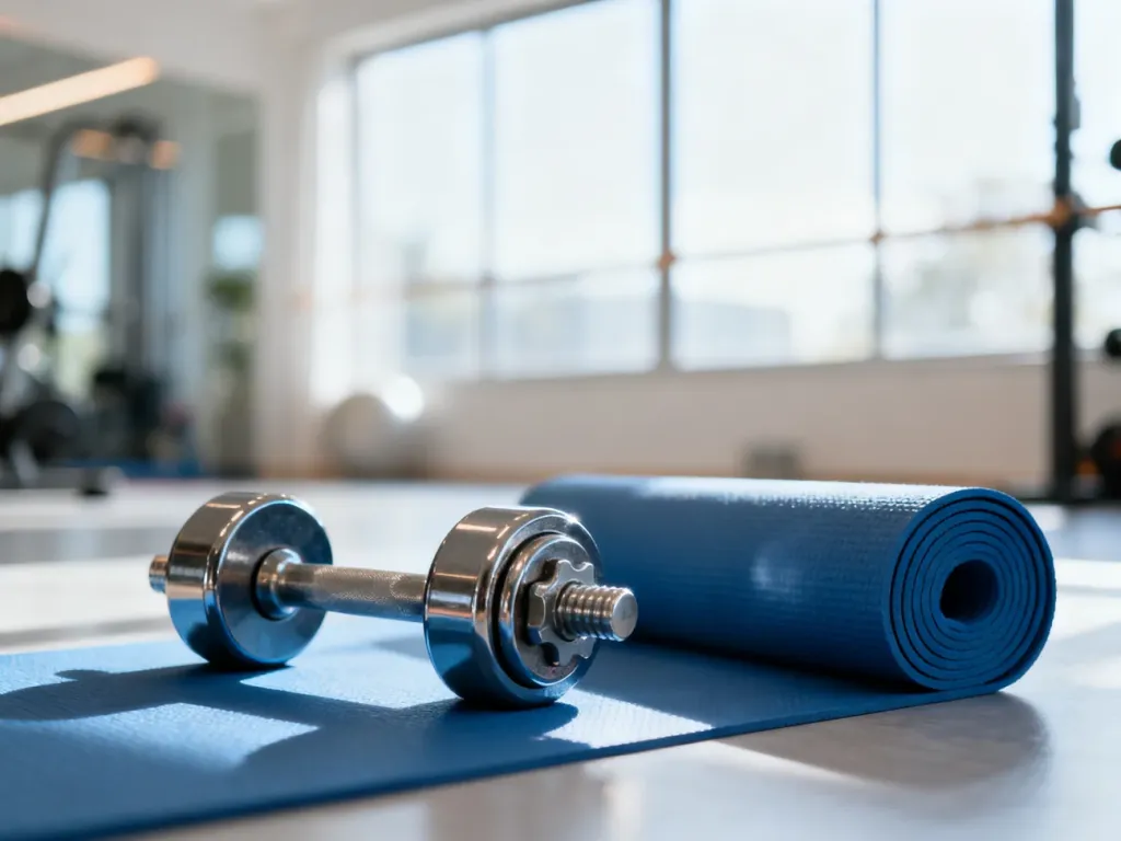 Profesjonalne studio fitness z hantlami i matą do jogi, przygotowane do treningu typu shape w jasnym, nowoczesnym wnętrzu.