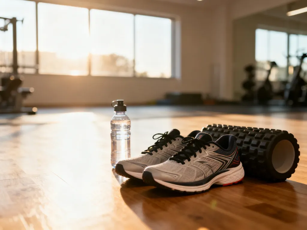 Profesjonalne buty sportowe, roller i butelka wody na podłodze w nowoczesnej, słonecznej domowej siłowni.