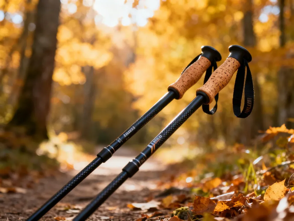 Profesjonalne kijki do nordic walking z włókna węglowego na tle jesiennej ścieżki w lesie.