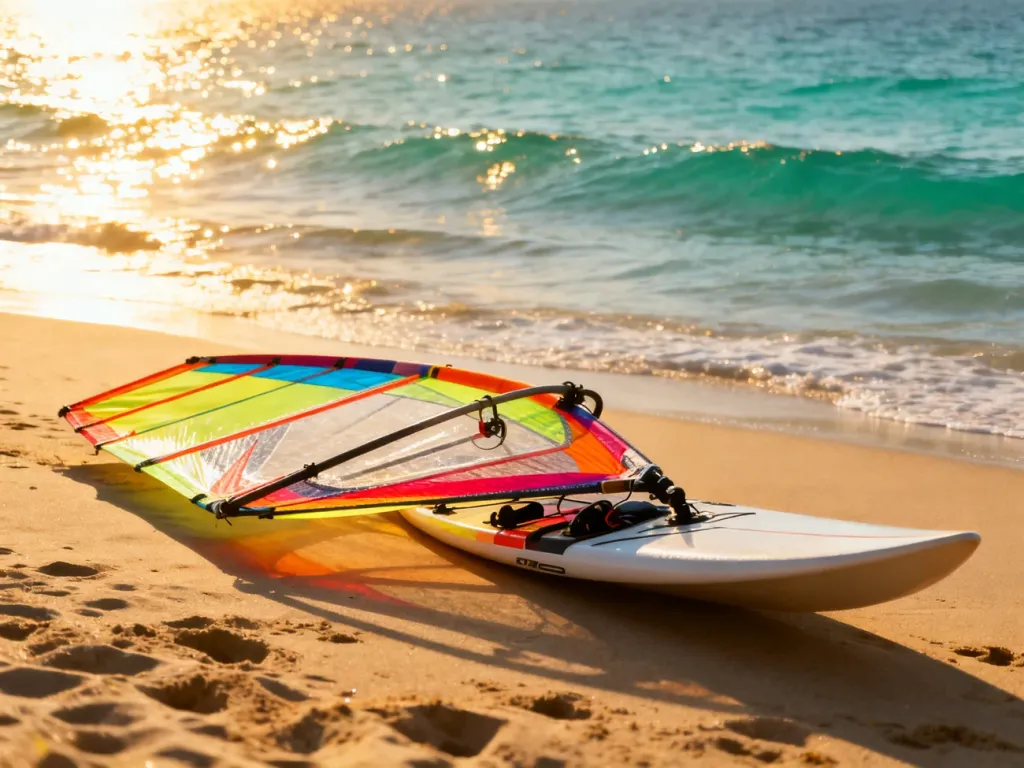Deska windsurfingowa z kolorowym żaglem na piaszczystej plaży w blasku porannego słońca nad spokojnym turkusowym morzem.