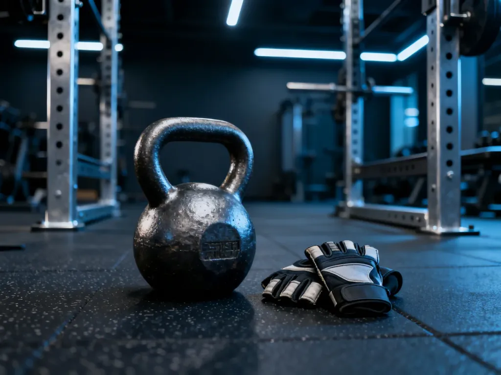 Kettlebell i rękawice sportowe na podłodze siłowni, gotowe do intensywnego treningu beztlenowego.