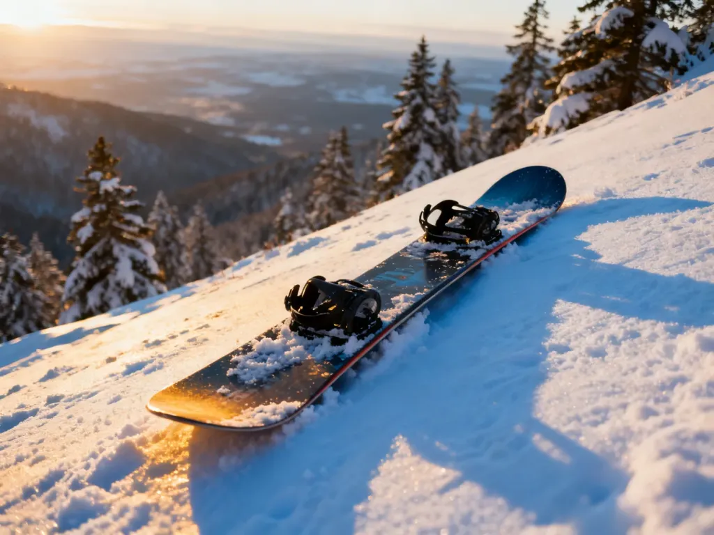 Profesjonalny snowboard na ośnieżonym stoku górskim w słoneczny, zimowy poranek.