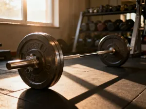 Sportowe buty i kettlebell na drewnianej podłodze w nowoczesnej sali fitness, zachęcające do treningu przysiadów.