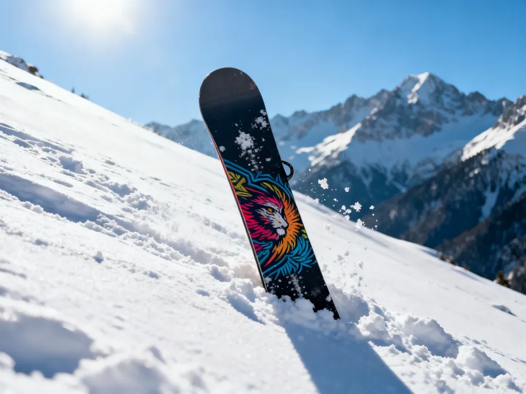 Profesjonalna deska snowboardowa wbita w głęboki, świeży śnieg na tle majestatycznych gór w słoneczny poranek.