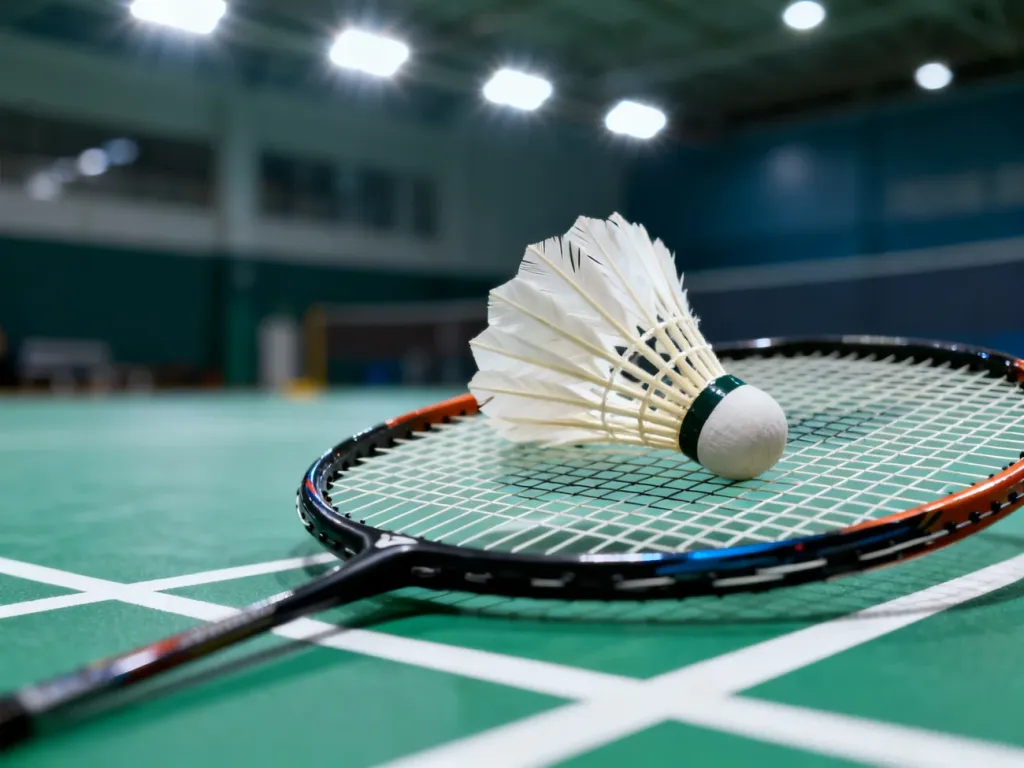 Profesjonalna lotka do badmintona spoczywająca na naciągu rakiety na tle kortu sportowego.