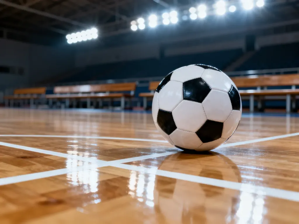 Czarno-biała piłka na wypolerowanym parkiecie hali sportowej z widocznymi liniami boiska.