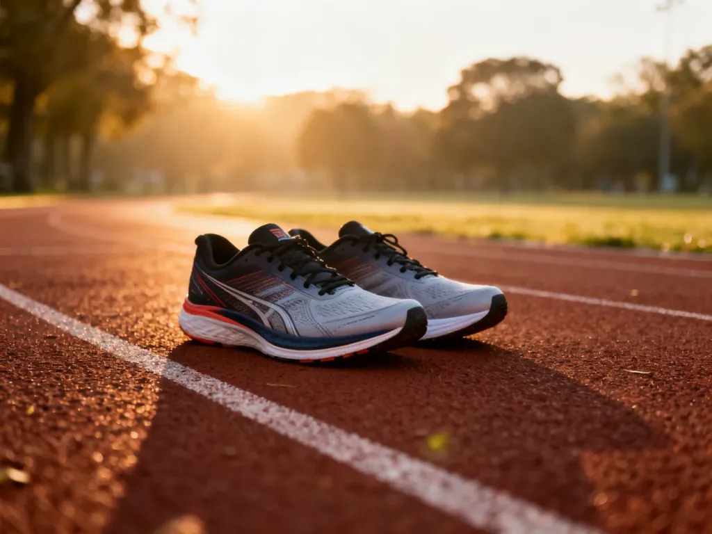 Profesjonalne buty do biegania na bieżni lekkoatletycznej w świetle poranka, symbolizujące aktywność fizyczną.