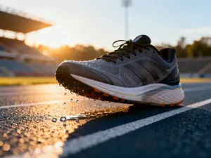 Piłka do siatkówki spoczywająca na parkiecie hali sportowej z widoczną w tle siatką w świetle reflektorów.