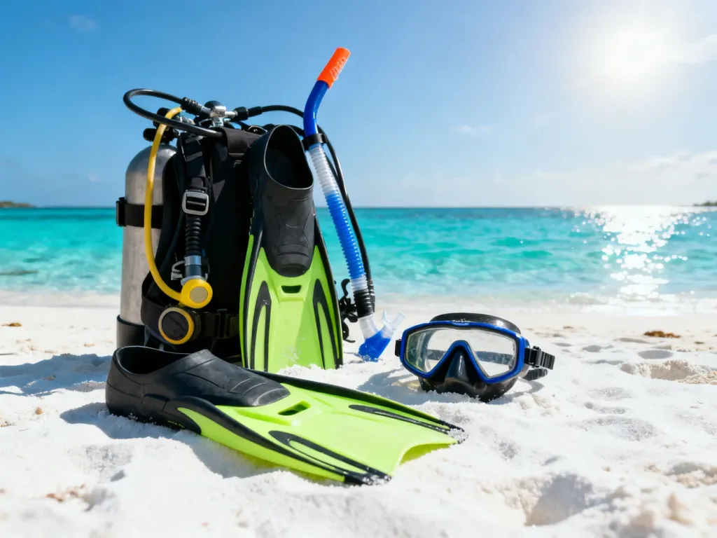 Profesjonalny sprzęt do nurkowania, w tym maska i płetwy, ułożony na piaszczystej plaży z widokiem na turkusowy ocean.