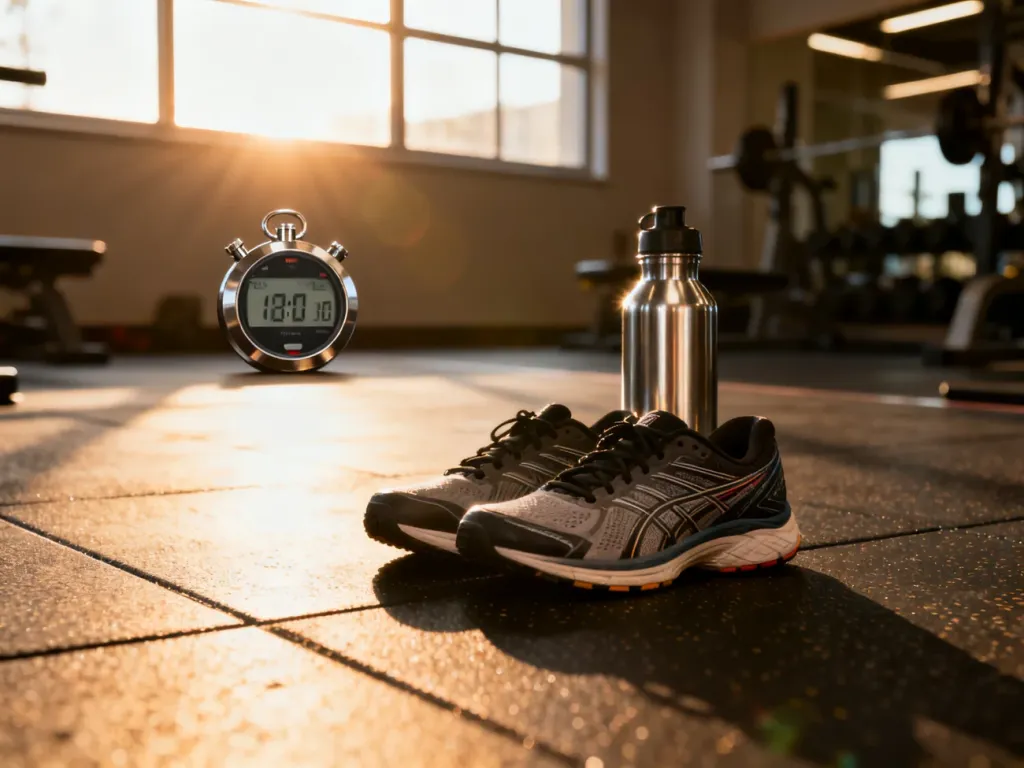 Buty do biegania i bidon na podłodze w nowoczesnym studiu fitness, przygotowane do intensywnego treningu interwałowego.