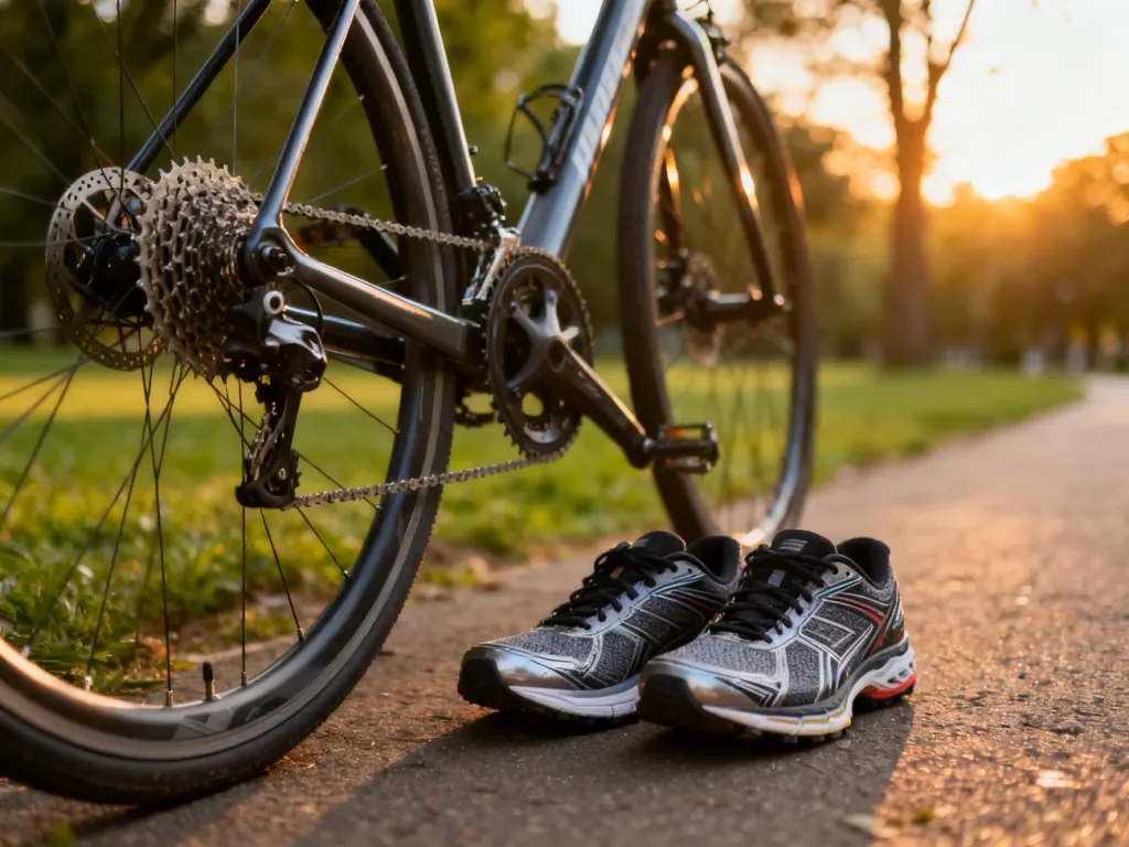 Profesjonalne buty do biegania obok roweru szosowego na parkowej ścieżce, symbolizujące wybór między tymi dwiema aktywnościami.