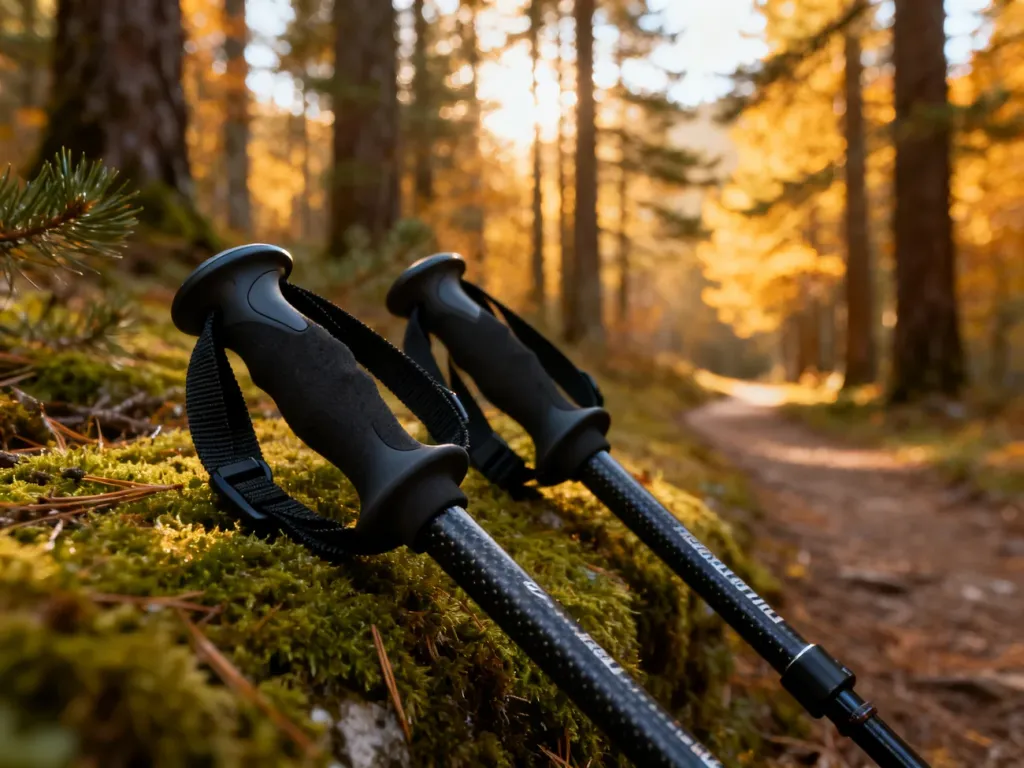 Kije do nordic walking z włókna węglowego leżące na mchu w jesiennym lesie. Sprzęt przygotowany do treningu w terenie.